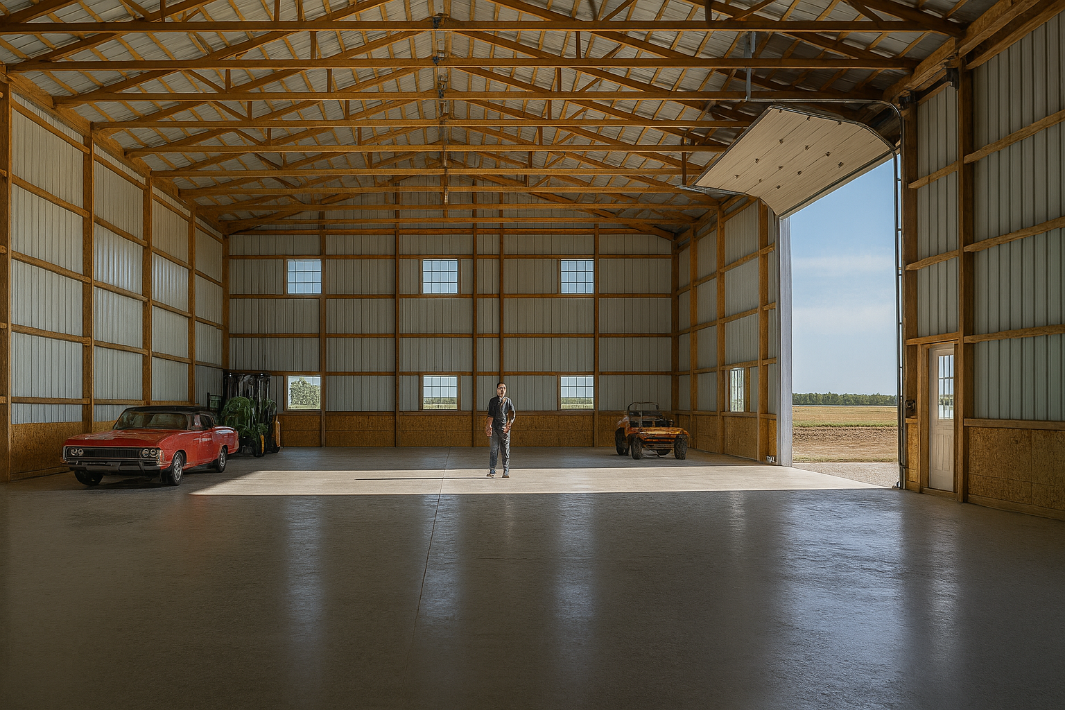 Inside of a large post frame hanger and garage
